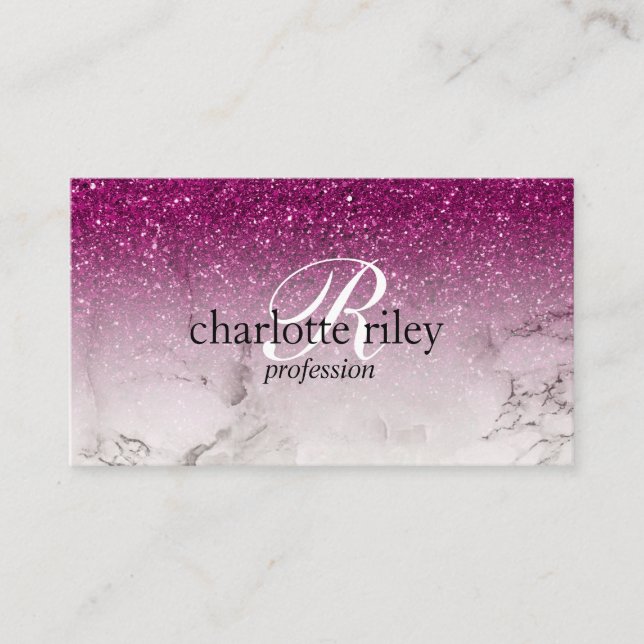 Purple Glitter Ombre Monogram Marble Salon Makeup Business Card (Front)