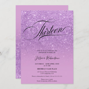 Purple glitter ombre sparkles chic script Thirteen Invitation
