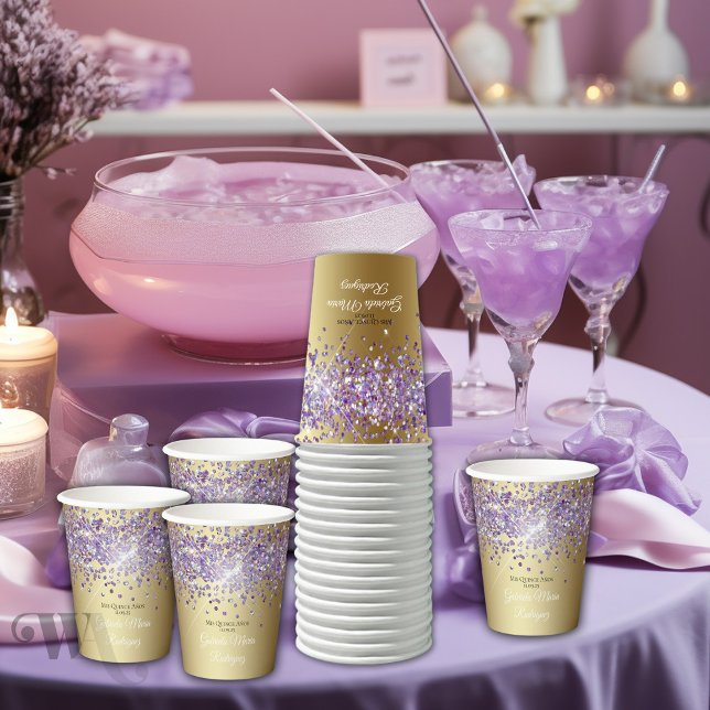 Purple Glitter on Gold  Quinceañera  Paper Cups (Creator Uploaded)