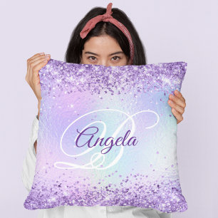 Purple Glitter Pale Iridescent Fancy Monogram Cushion