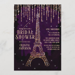 Purple Glitter Paris Eiffel Tower Bridal Shower Invitation