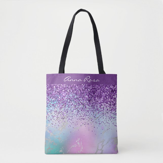 *~* Purple Glitter Pastel Marble with Gold Tote Bag (Front)