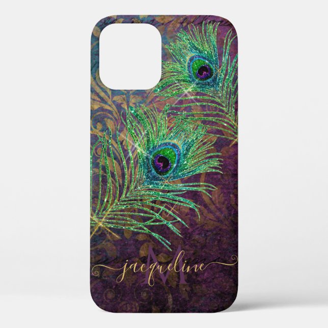 Purple Glitter Peacock Feathers Elegant Monogram Case-Mate iPhone Case (Back)