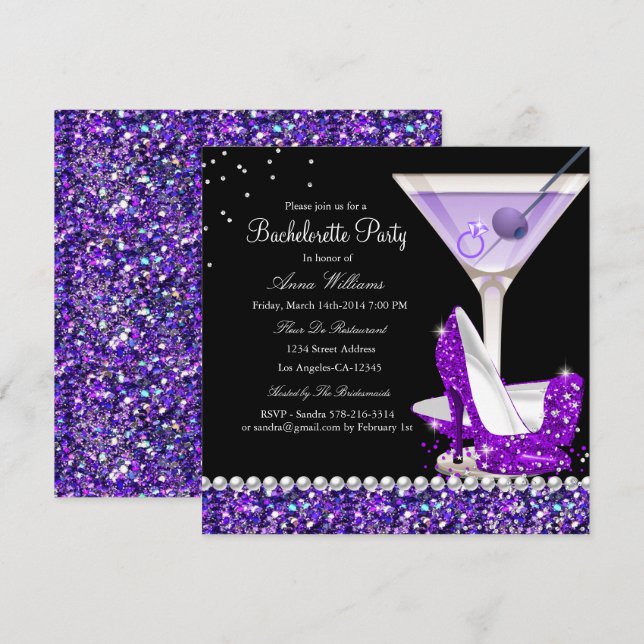 Purple Glitter Pearl Bachelorette Party Invite (Front/Back)