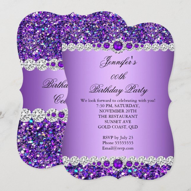 Purple Glitter Pearl Diamond Birthday Party Invitation (Front/Back)