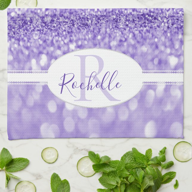 Purple Glitter Personalised Kitchen Towel (Folded)
