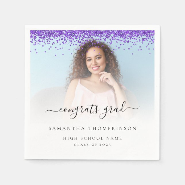 Purple Glitter Photo 2024 Congrats Graduation Napkin (Front)