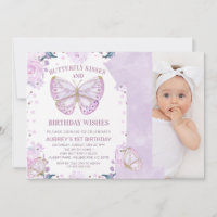 Purple Glitter Photo Butterfly Kisses 1st Birthday