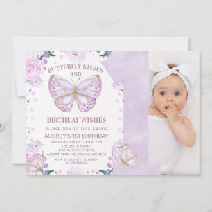 Purple Glitter Photo Butterfly Kisses 1st Birthday Invitation