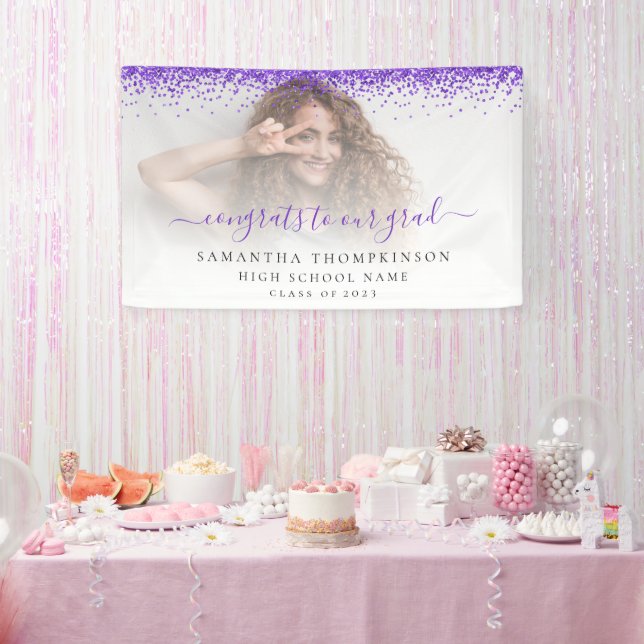 Purple Glitter Photo Script 2024 Graduation Banner (Party)