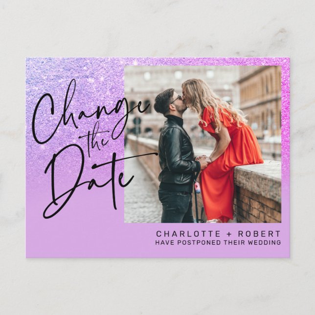 Purple glitter photo wedding change the date announcement postcard (Front)