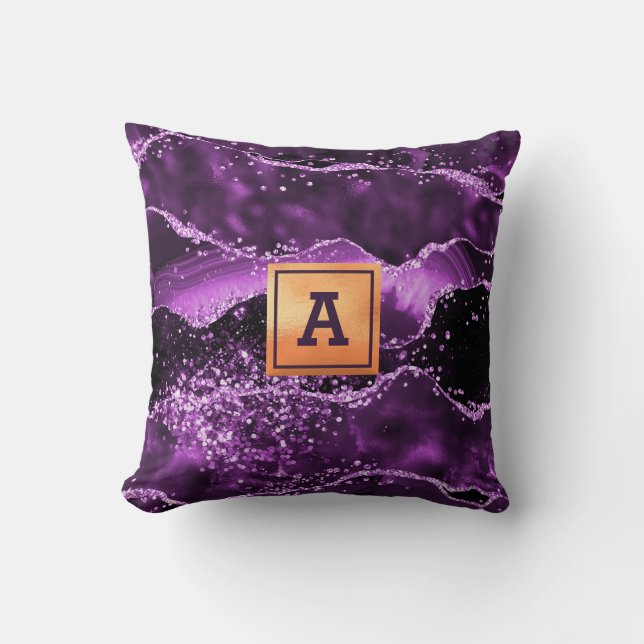 Purple glitter pink agate marble gold monogram cushion (Front)