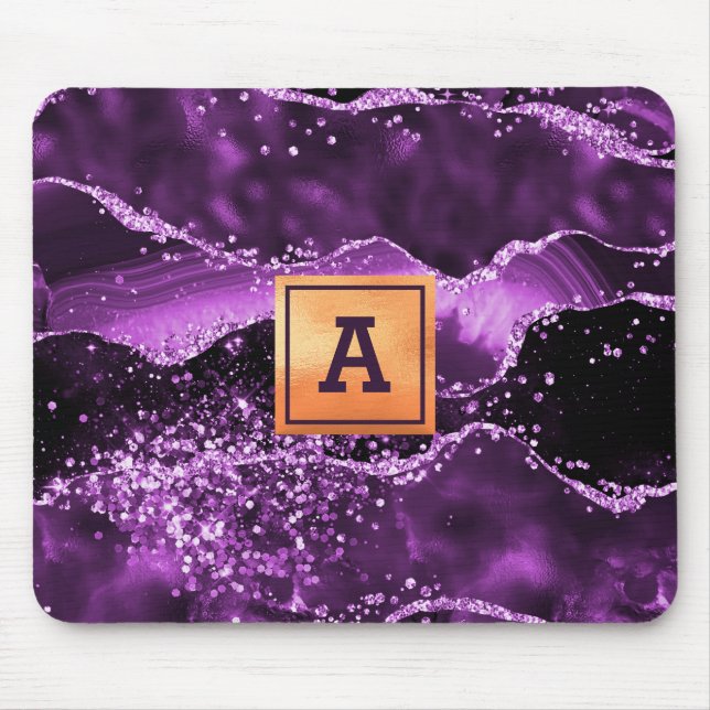 Purple glitter pink agate marble gold monogram mouse mat (Front)