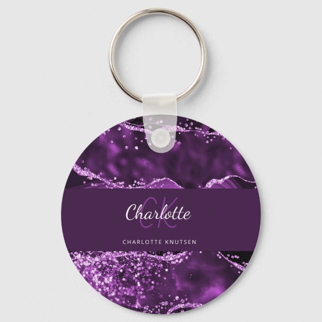 Purple glitter pink agate marble monogram name key ring (Front)