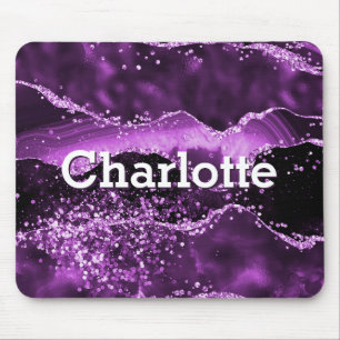 Purple glitter pink agate marble monogram name mouse mat