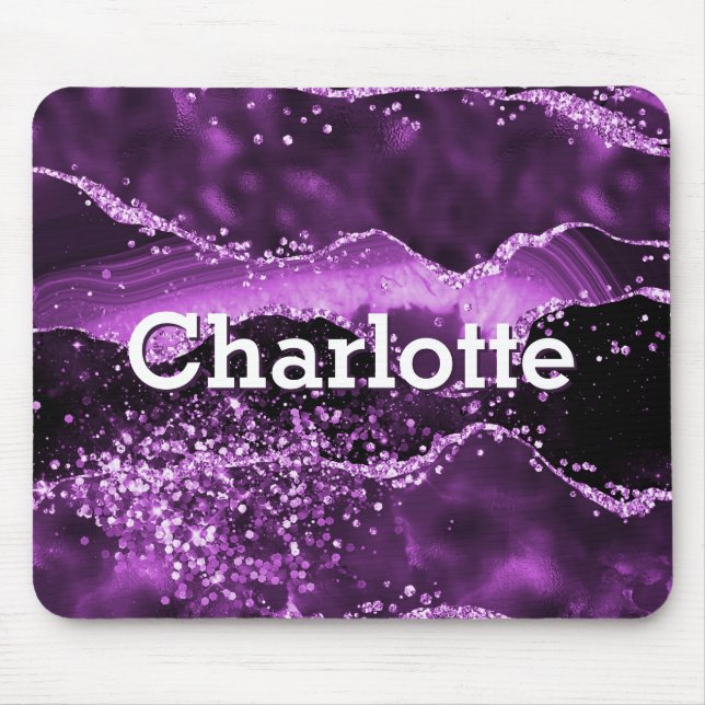 Purple glitter pink agate marble monogram name mouse mat (Front)