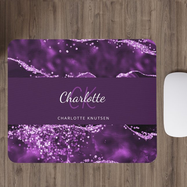 Purple glitter pink agate marble monogram name mouse mat (Creator Uploaded)