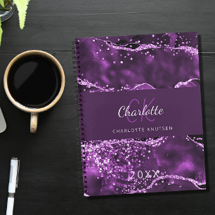 Purple glitter pink agate marble monogram notebook