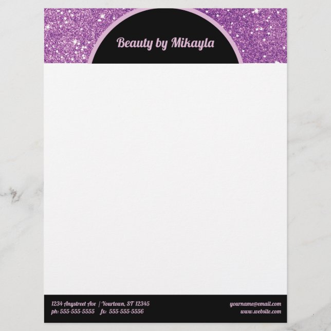 Purple Glitter Pink and Black Beauty Style Salon Custom Letterhead (Front)