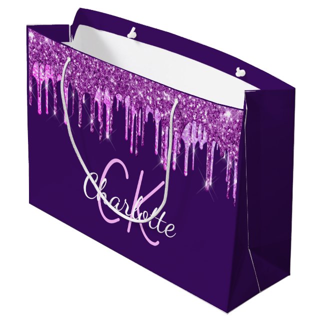 Purple glitter pink drips monogram large gift bag (Back Angled)