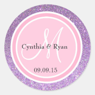 Purple Glitter & Pink Wedding Monogram Classic Round Sticker