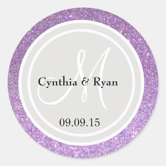 Purple Glitter & Platinum Grey Wedding Monogram Classic Round Sticker