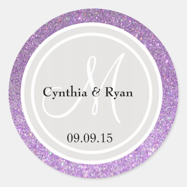 Purple Glitter & Platinum Grey Wedding Monogram Classic Round Sticker (Front)