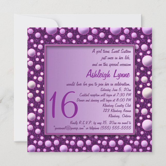 Purple Glitter Polka Dot Sweet Sixteen Invitation (Front)