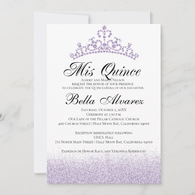 Purple Glitter Quinceañera Invitation Mis Quince (Front)