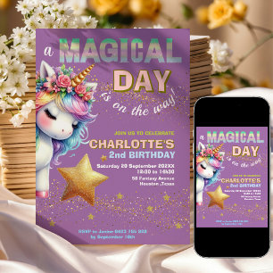 Purple Glitter rainbow unicorn 2nd birthday  Invitation