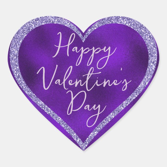Purple Glitter Romantic Script Valentine's Day Heart Sticker (Front)