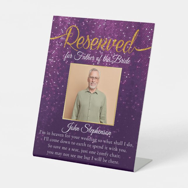 Purple Glitter Save A Seat Photo Wedding Memorial Pedestal Sign (Front)