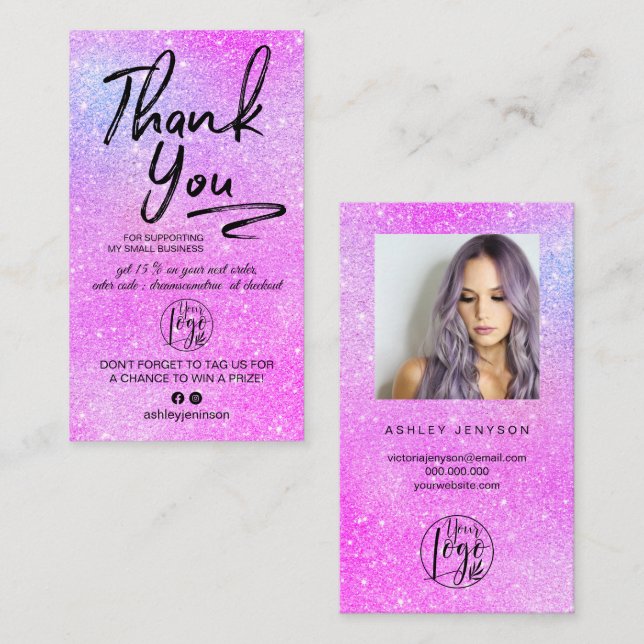 Purple glitter script photo logo order thank you business card (Front/Back)