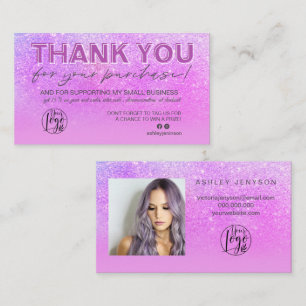 Purple glitter script photo logo thank you business card