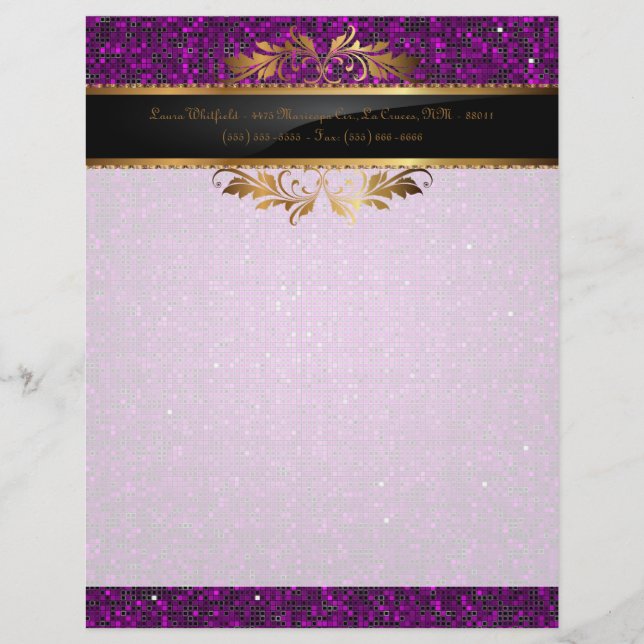 Purple Glitter Sequin Disco Letterhead Stationery (Front)