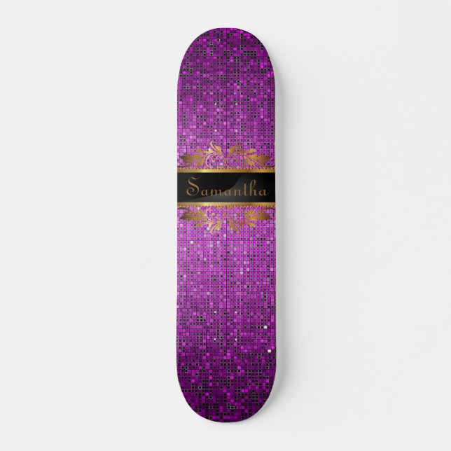 Purple Glitter Sequin Disco Old School Skateboard (Front)