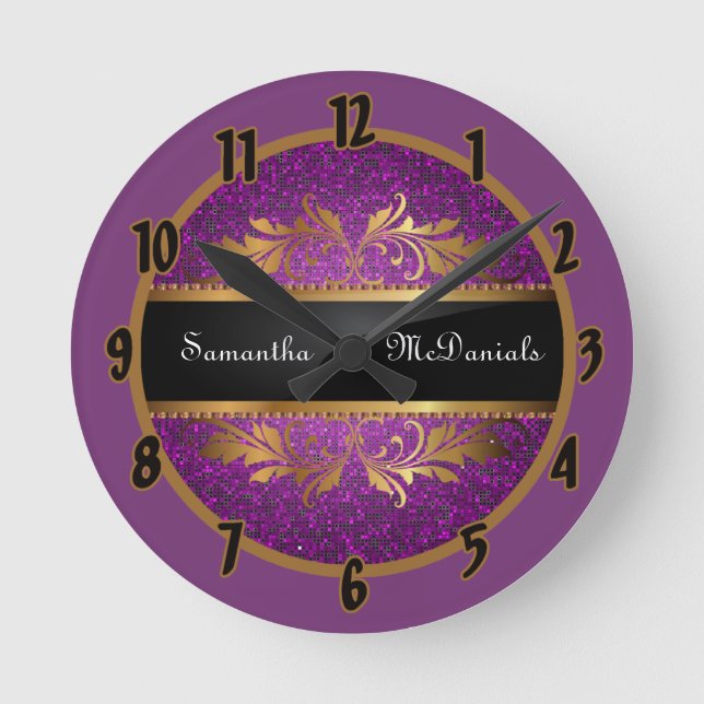 Purple Glitter Sequin Disco Personalised Clock (Front)