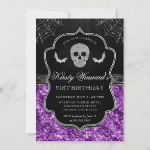 Purple Glitter Skull and Spider Web 21st Birthday Invitation