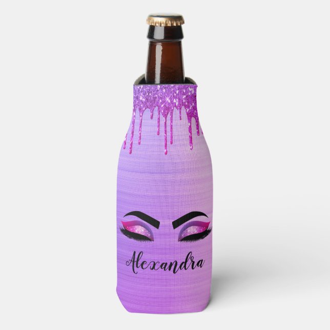 Purple Glitter Sparkle Eyelashes Monogram Name Bottle Cooler (Bottle Front)