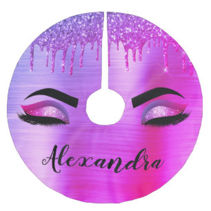 Purple Glitter Sparkle Eyelashes Monogram Name Brushed Polyester Tree Skirt