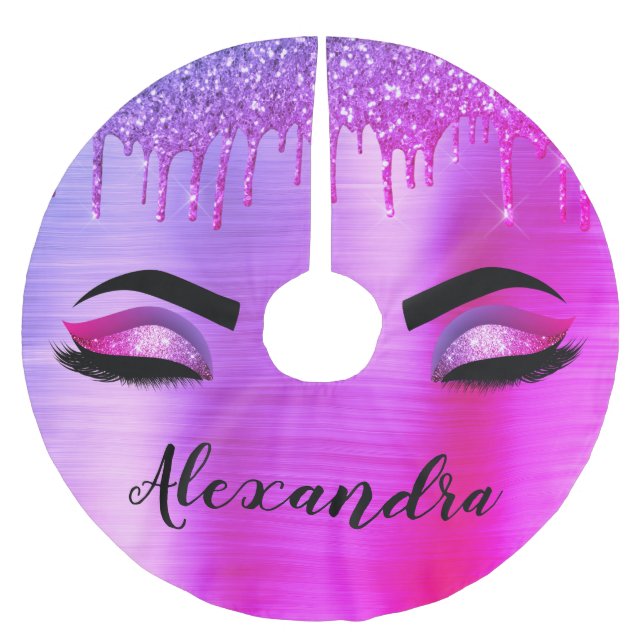 Purple Glitter Sparkle Eyelashes Monogram Name Brushed Polyester Tree Skirt (Front)