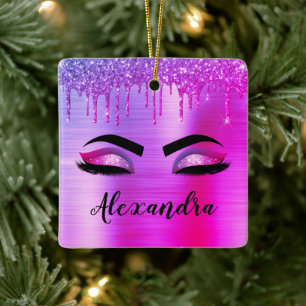 Purple Glitter Sparkle Eyelashes Monogram Name Ceramic Ornament