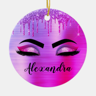 Purple Glitter Sparkle Eyelashes Monogram Name Ceramic Tree Decoration