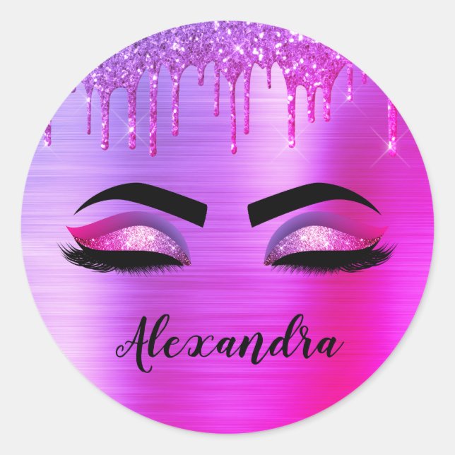 Purple Glitter Sparkle Eyelashes Monogram Name Classic Round Sticker (Front)