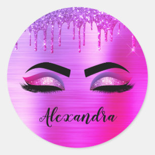 Purple Glitter Sparkle Eyelashes Monogram Name Classic Round Sticker