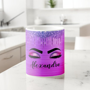 Purple Glitter Sparkle Eyelashes Monogram Name Coffee Mug