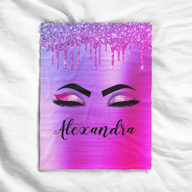 Purple Glitter Sparkle Eyelashes Monogram Name Fleece Blanket (Creator Uploaded)