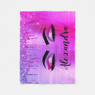 Purple Glitter Sparkle Eyelashes Monogram Name Fleece Blanket
