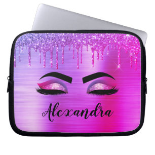Purple Glitter Sparkle Eyelashes Monogram Name Laptop Sleeve