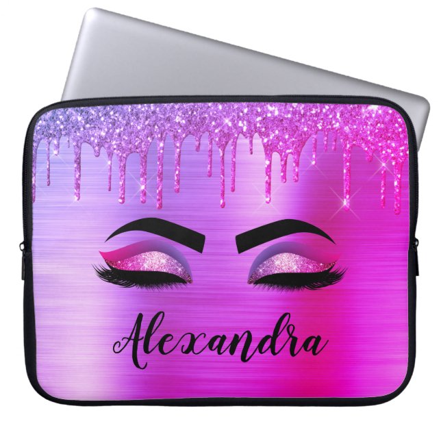Purple Glitter Sparkle Eyelashes Monogram Name Laptop Sleeve (Front)